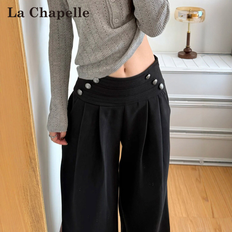 La Chapelle Black Pleated Napoleon Woolen Suit Pants for Women, Autumn/Winter 2026 New High-Waisted Drapey Wide-Leg Pants