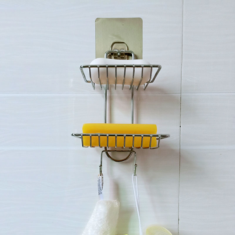 Punch-free stainless steel soap box rack seamless paste bathroom powder room single double layer soap rack storage storage box