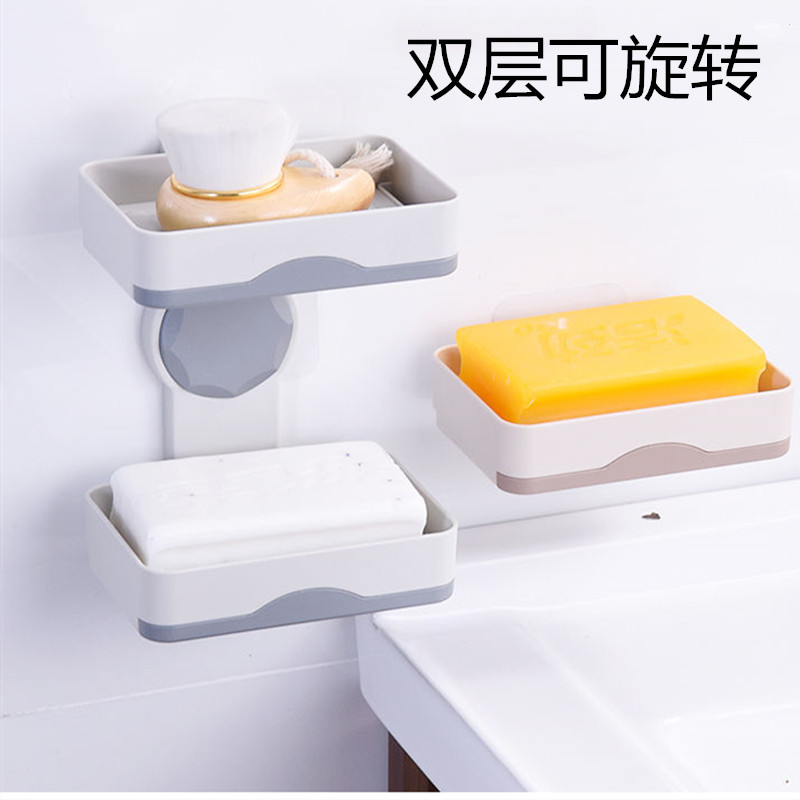 Creative rotatable wall-mounted double layer large soap case free of punch and drain soap box kitchen bathroom shelve