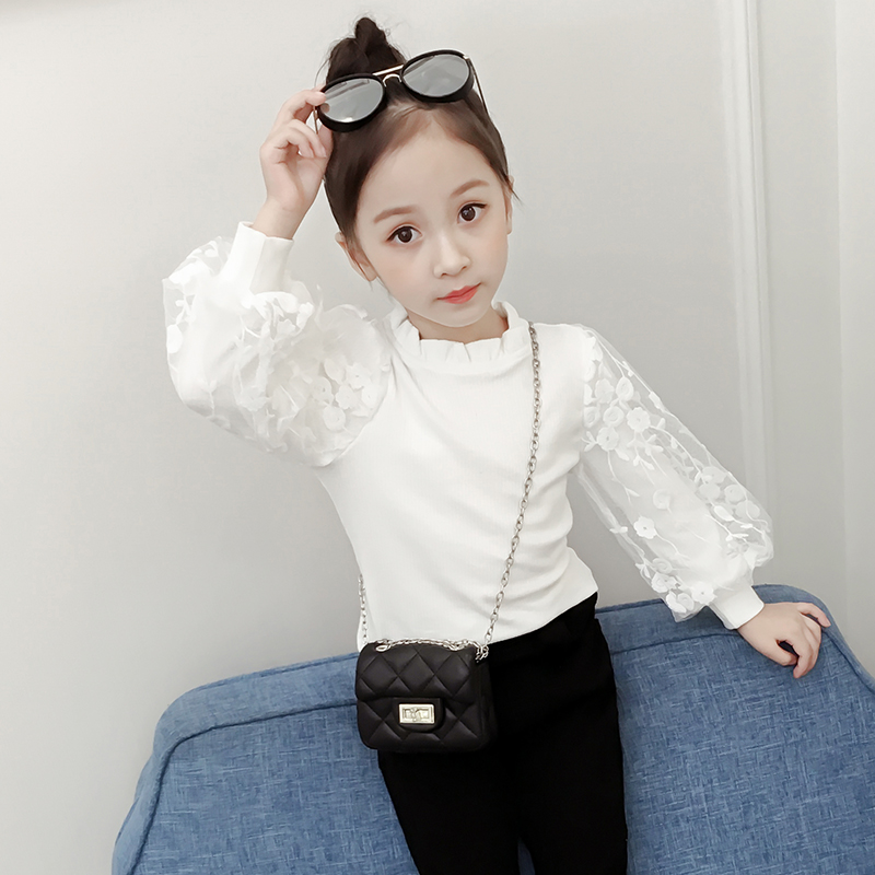 Girls mùa xuân dress Top 2019 New Yango trẻ em công chúa bong bóng tay dưới trắng ren dài tay áo T-shirt