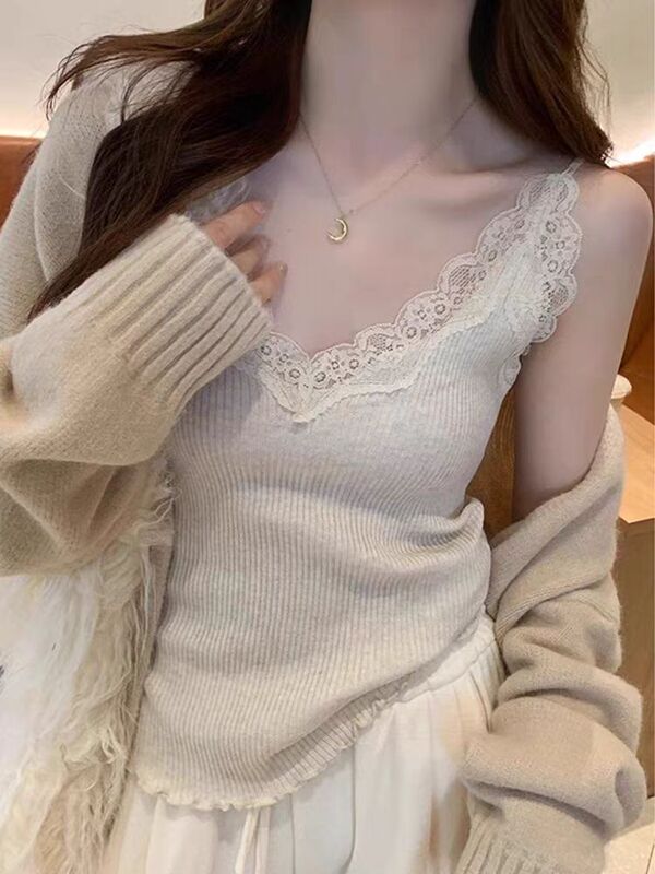 Lace Camisole for Women, New Spring and Summer Style, Plus Size, French Chic Small Top, V-Neck Knitted Base Shirt