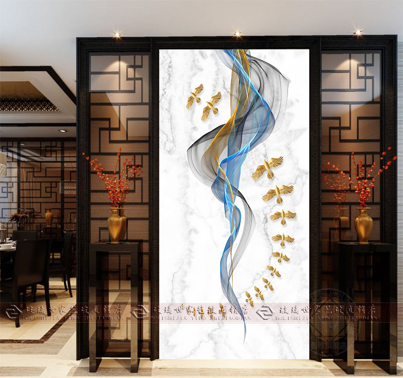 Nordic Modern Art Glass Custom Steel Chemical Process Screen Partition Shoe Cabinet Makeup Room Abstract Golden Fly Bird