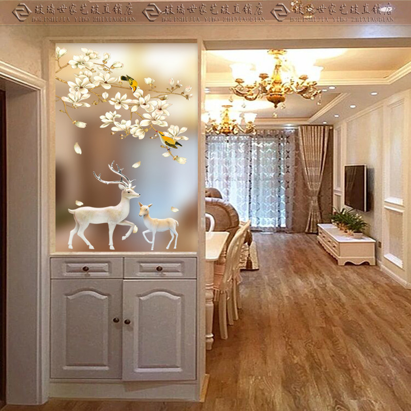 European-style art glass custom-made screen partition decorative porch tempered double-sided frosted transparent magnolia deer