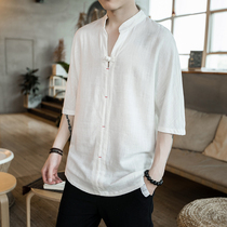 Chinese style linen embroidery loose Tang T-shirt seven-point sleeve size plate buckle Hanfu cotton linen half sleeve ancient style mens clothing