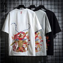 Summer Chinese style big Holy embroidered Hanfu T-shirt National Tide mens cotton linen Tang short sleeve Tide brand retro body shirt thin