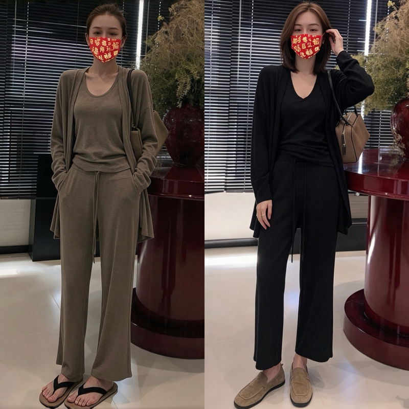 Korean-Style Autumn Outfit, a Complete Set with a Lazy, Relaxed Feel, Loose Long-Sleeved Cardigan, Vest, and Cropped Pants Three-Piece Set