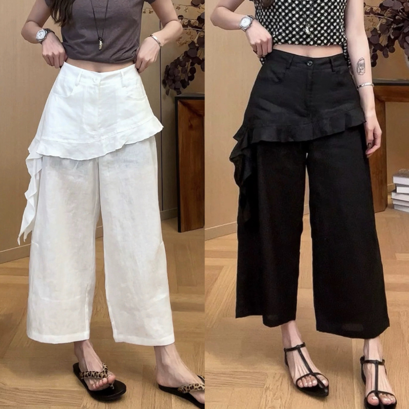 Korean Style Faux Two-Piece Nine-Point Cotton-Linen Wide-Leg Pants for Women, New Summer Style with Ruffled High Waist, Slimming Straight-Leg Casual Pants
