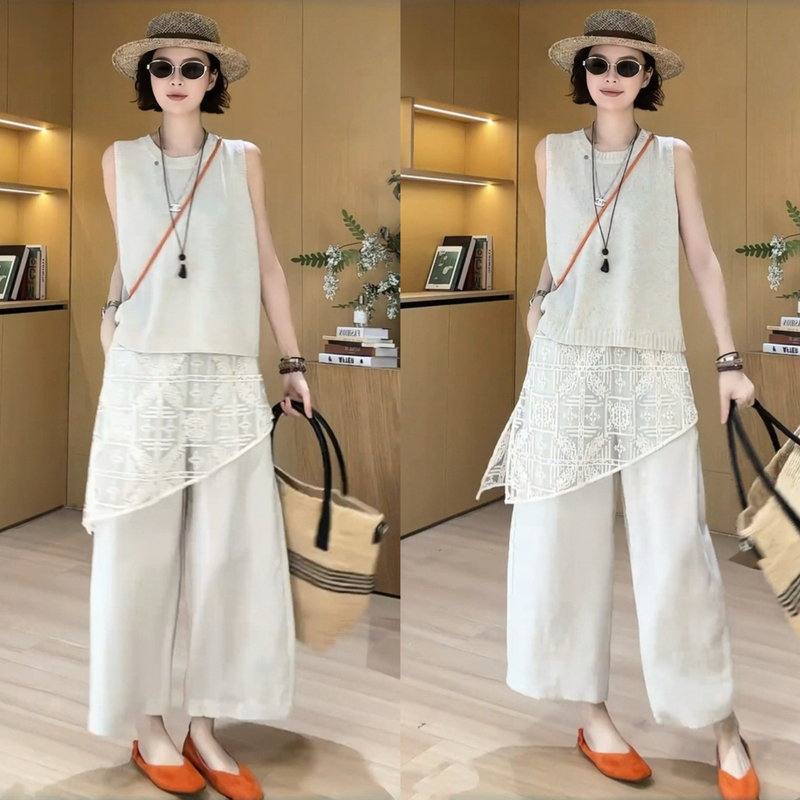 Summer Super Stylish Old Money Style Set Korean Fashion Sleeveless Knit Vest Lace Trim Cropped Pants Two-Piece Set Summer Super Stylish Old Money Style Set Korean Fashion Sleeveless Knit Vest Lace Trim Cropped Pants Two-Piece Set