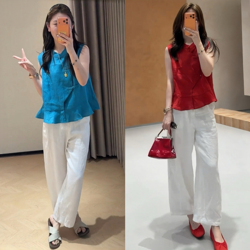 Very Beautiful Summer Outfit, a Complete Set of New Chinese-Style Retro Elegant Sleeveless Top with Button Closure and Wide-Leg Pants Two-Piece Set Very Beautiful Summer Outfit, a Complete Set of New Chinese-Style Retro Elegant Sleeveless Top with Button Closure and Wide-Leg Pants Two-Piece Set