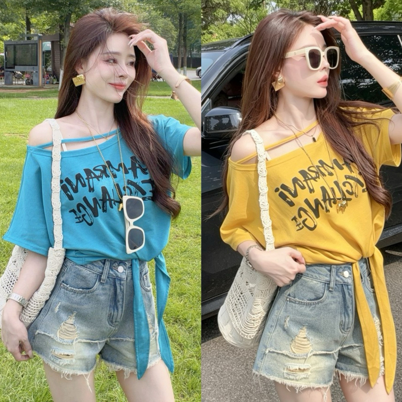 Korean Style Pure Desire Style Letter Print Off-Shoulder Short-Sleeve T-Shirt for Women, New Summer Style with Tie Waist, Slimming and Off-Shoulder Top Korean Style Pure Desire Style Letter Print Off-Shoulder Short-Sleeve T-Shirt for Women, New Summer Style with Tie Waist, Slimming and Off-Shoulder Top