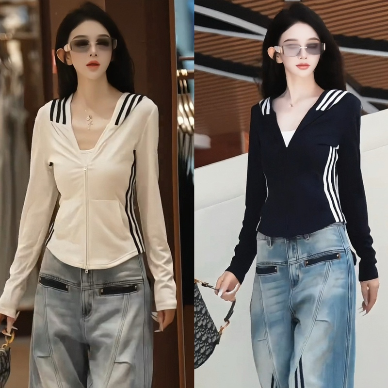 Korean-Style Color-Block Striped Double-Zipper Hooded Thin Sweatshirt Jacket for Women, Early Autumn Slim-Fit Slimming Base Layer Cardigan Top