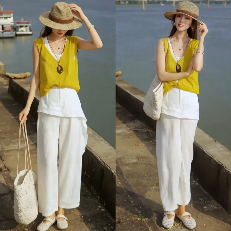 Very Stylish Summer Outfit, Korean Fashion, Trendy Two-Piece Layered Knit Vest and Casual Pants Set Very Stylish Summer Outfit, Korean Fashion, Trendy Two-Piece Layered Knit Vest and Casual Pants Set