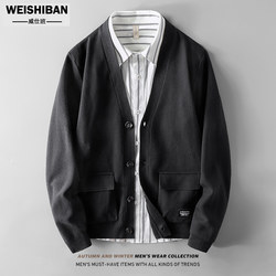 22 new spring and autumn men's solid color knitted cardigan V-neck jacket Japanese workwear multi-bag sweater for men inside and outside