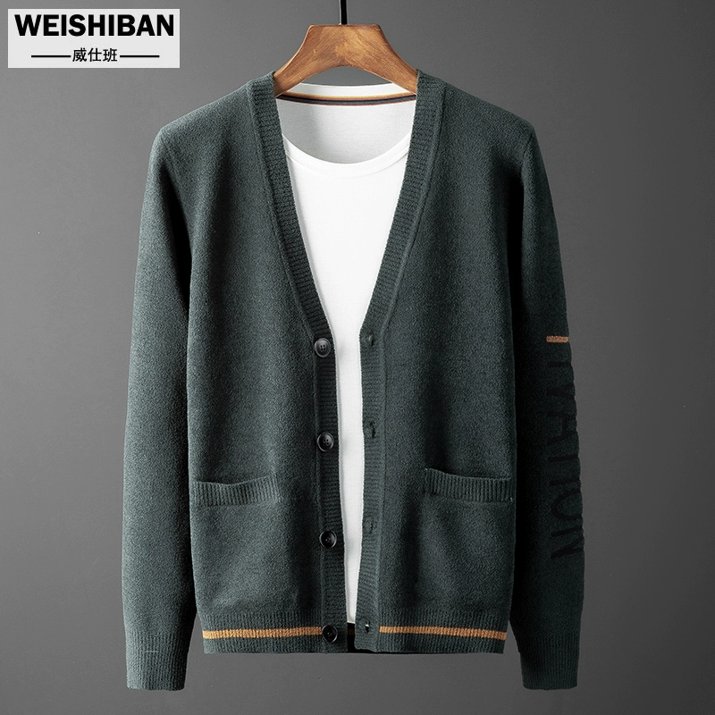 Mùa thu đông 2019 áo khoác len mới xu hướng nam V-cổ jacquard áo khoác ngoài mặc đơn giản phong cách kinh doanh - Áo khoác đôi