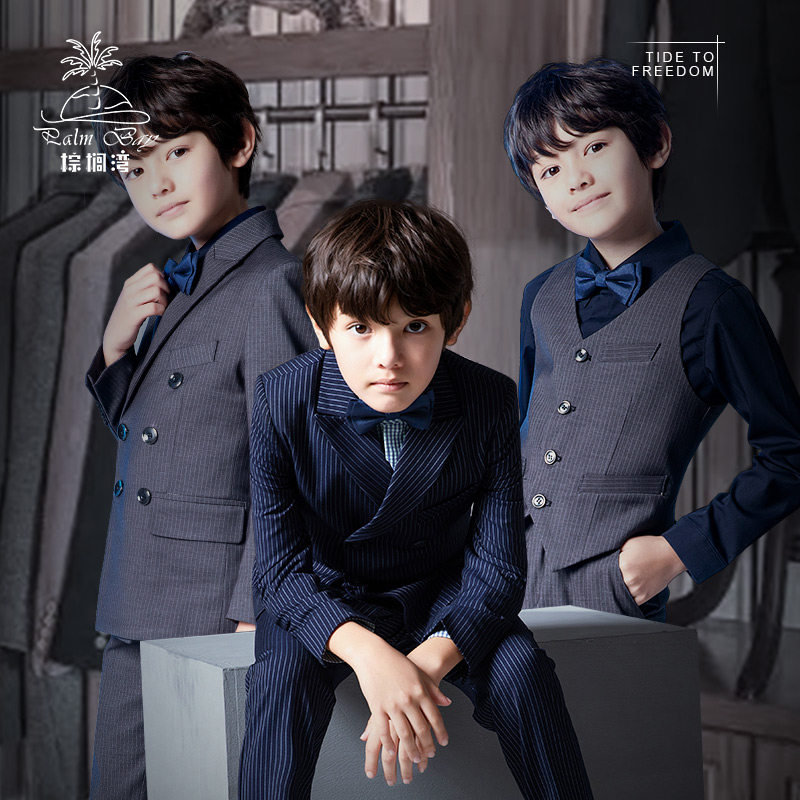 Children's suit small suit suit suit set gray-blue striped double-breasted flower girl piano performance dress boys' catwalk suit