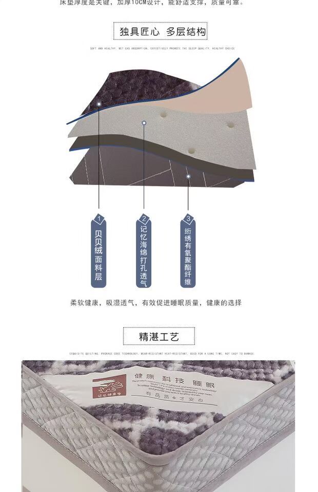 Bộ nhớ đệm trải thảm cotton 10cm dày 1,5m có thể gập lại hai lần thảm ngủ 1,8 mét sàn - Nệm đệm lò xo giá rẻ