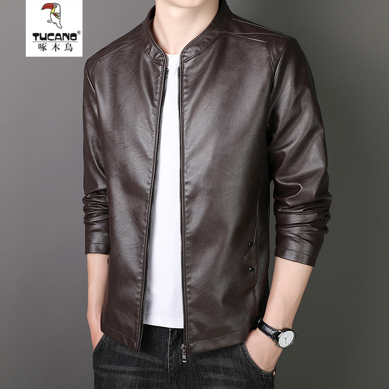 Woodpecker Genuine Leather Jacket for Men, Spring and Autumn Thin Style, Stand Collar Biker Pu Leather Jacket, Burgundy Washed Leather Jacket