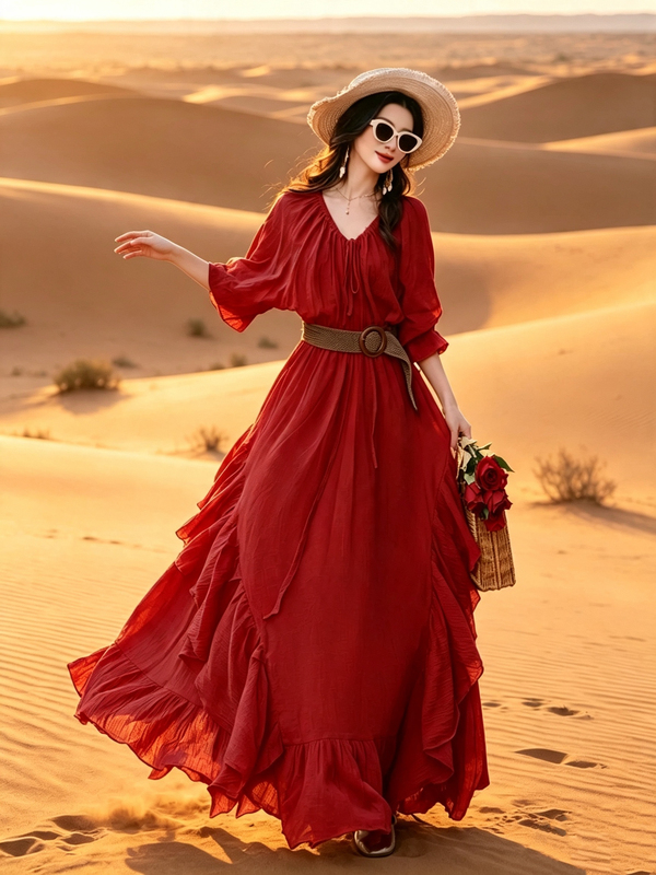 High-End French-Style Retro Red Dress, Vacation Dress, Egypt, Xinjiang Desert Photo Shoot, Yunnan Travel Outfit, Long Dress