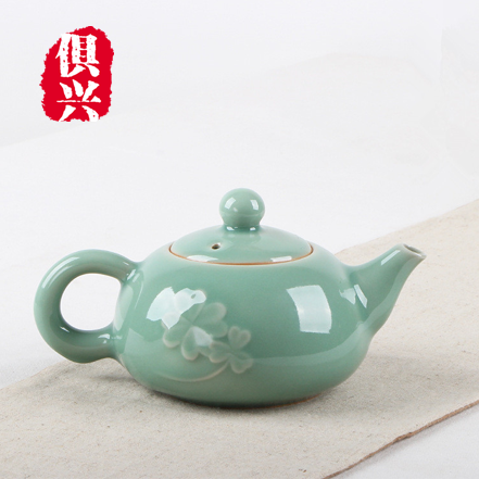 Artisanal Dragon Springs Green Porcelain Bubble Teapot Simple Green Blue Color Home Office Company Tea Maker Tea Personal Single Pot Leaves Dotted