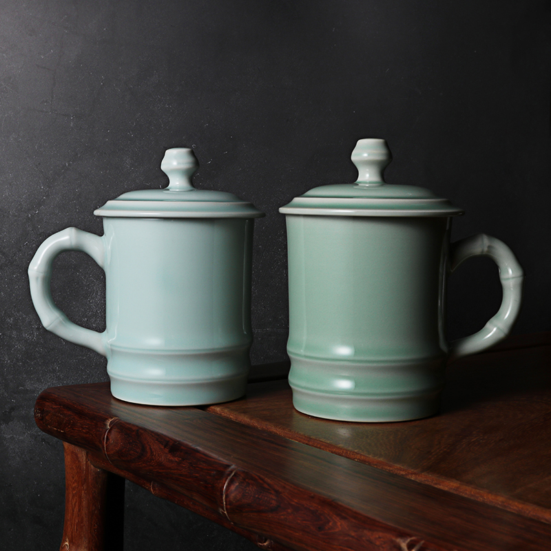 Upper Forest Lake Yue Kiln Green Porcelain New Bamboo Festival Tea Cup With Lid Water Cup Enterprise Conference Gift Cixi