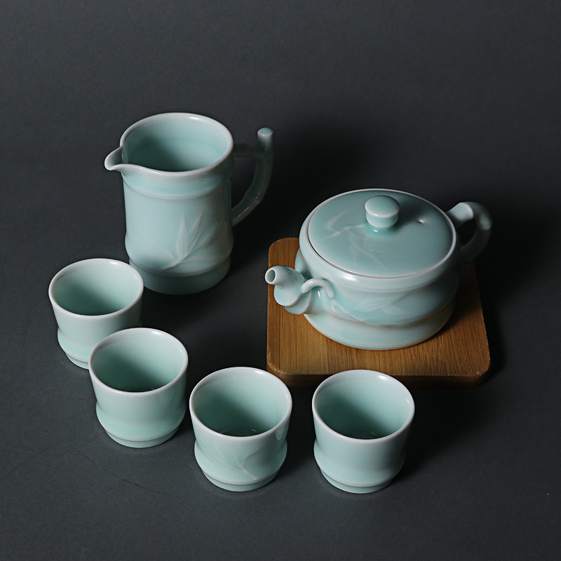 Shanglin Lake Yue Kiln Celadon Bamboo High Tea Set Kung Fu Tea Set Six-piece Wooden Gift Box