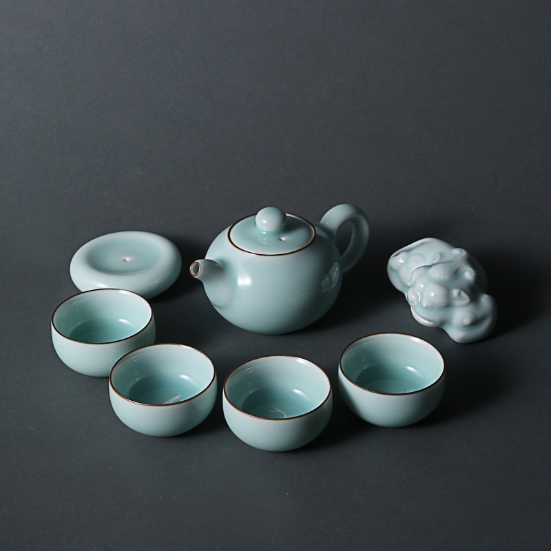 Upper Linen Lake Yue Kiln Green Porcelain Collegier Tea Set Group 1 Pot 4 Cups 1 Fragrant Inserts 1 Tea Darling Box Dress
