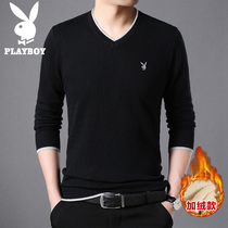 Playboy velvet thickened sweater mens spring and autumn mens line clothing Korean version of the fashion base V-neck sweater men