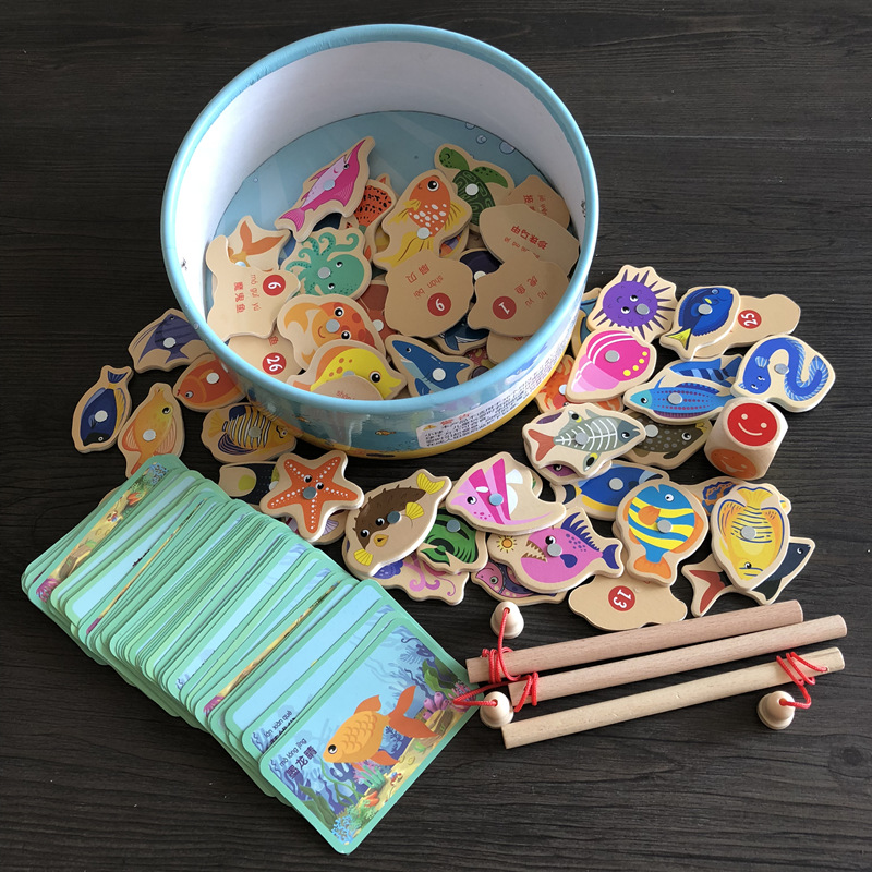 234-year-old children wooden magnetic fishing baby toy marine animal recognition card parent-child game gift