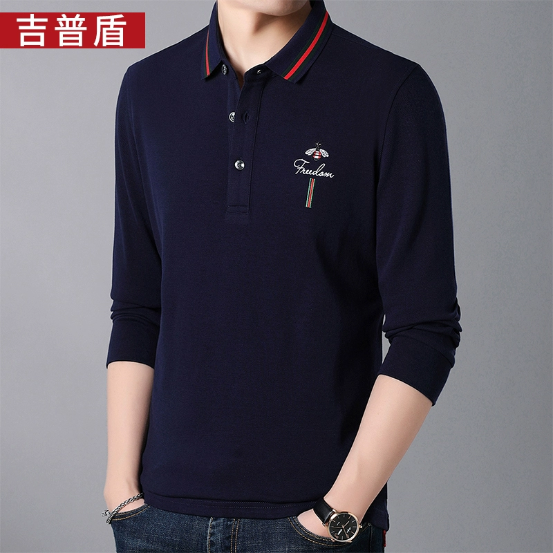 Mùa thu 2019 mới nam dài tay áo thun giản dị ve áo thun rộng tay nam thanh niên cotton POLO áo sơ mi nam - Áo phông dài