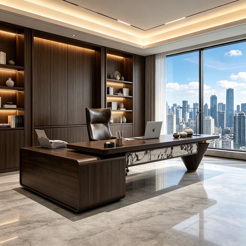 Ink-Stained Stone and Solid Wood Executive Desk with a Unique Curved Table Top, High-Quality Texture, Commercial Executive Office Desk