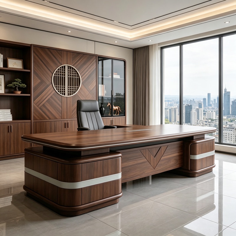 New Chinese-Style Geometric Patterned Solid Wood Executive Desk with Silver Trim, Large Storage Capacity, High-End Executive Office Desk New Chinese-Style Geometric Patterned Solid Wood Executive Desk with Silver Trim, Large Storage Capacity, High-End Executive Office Desk