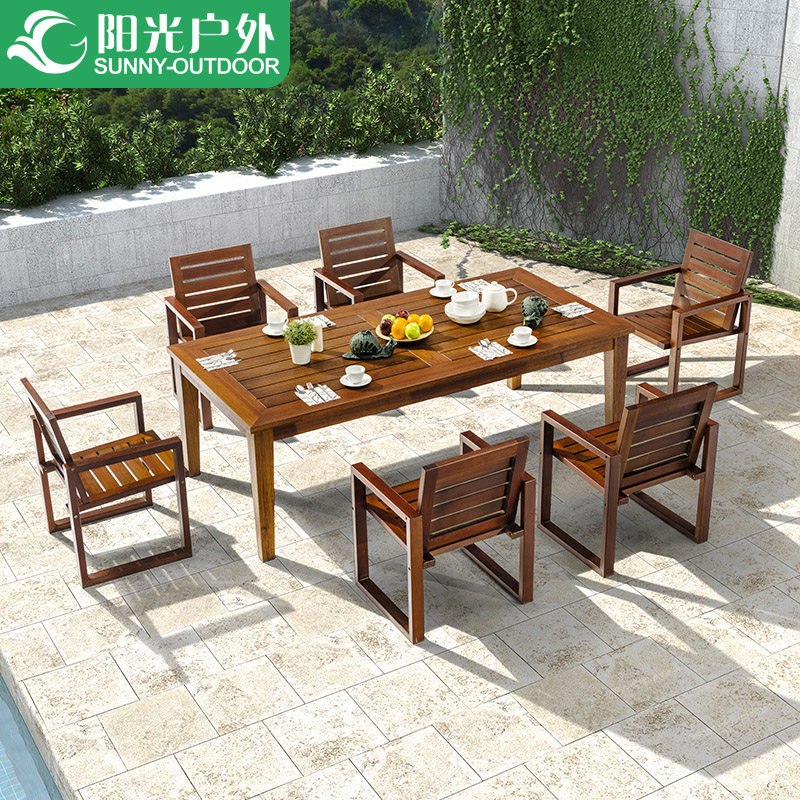 Sunny Outdoor Solid Wood Table And Chairs Combined Patio Garden Imported Teak Wood Long Table Kit Outdoor Casual Table and chairs