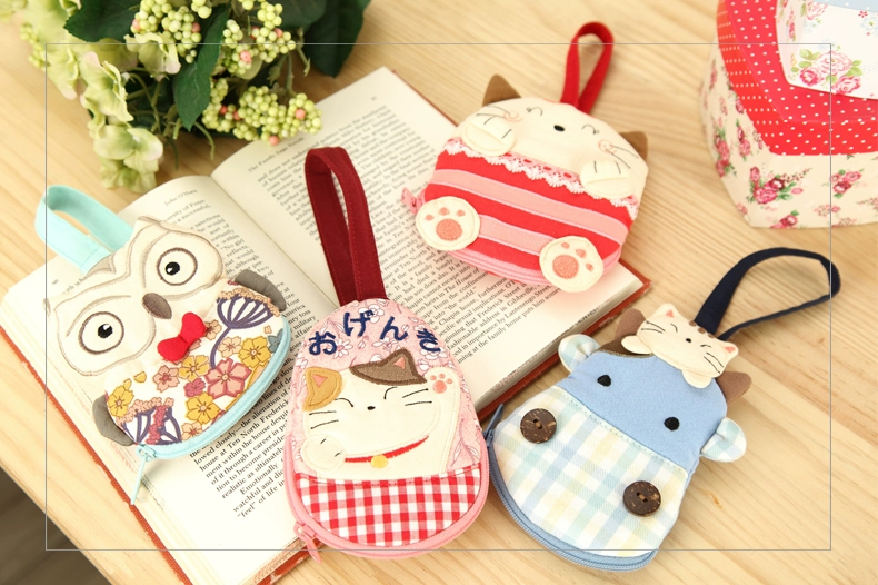 New Đài Loan Qile Cat Cute Lady Korea Zipper Pulling Fabric Car Key Case 221076