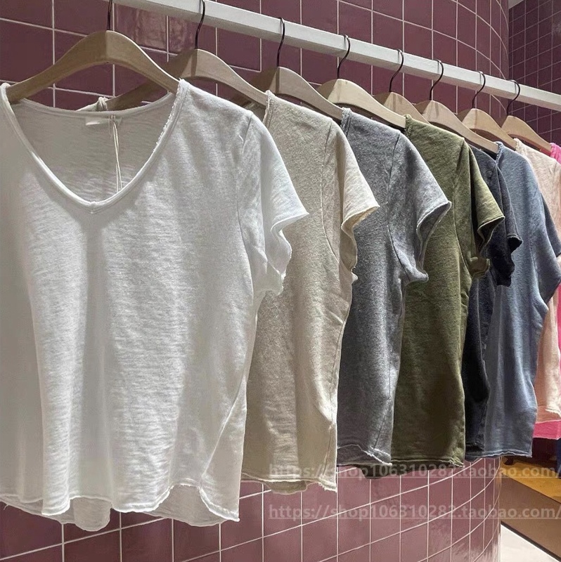 26 New Colors American Vintage Amv Women's Retro Brushed V-Neck Short-Sleeve T-Shirt, Same Style as Zhu Zhu