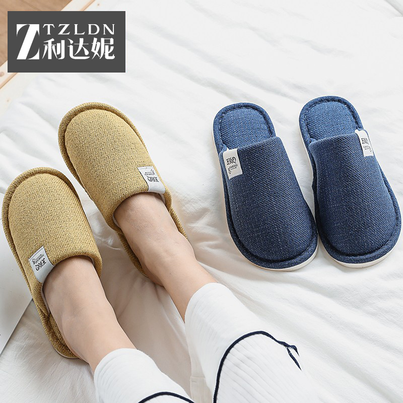 Home linen slippers women cotton linen indoor fall/winter home non-slip home soft bottom mute slippers men spring
