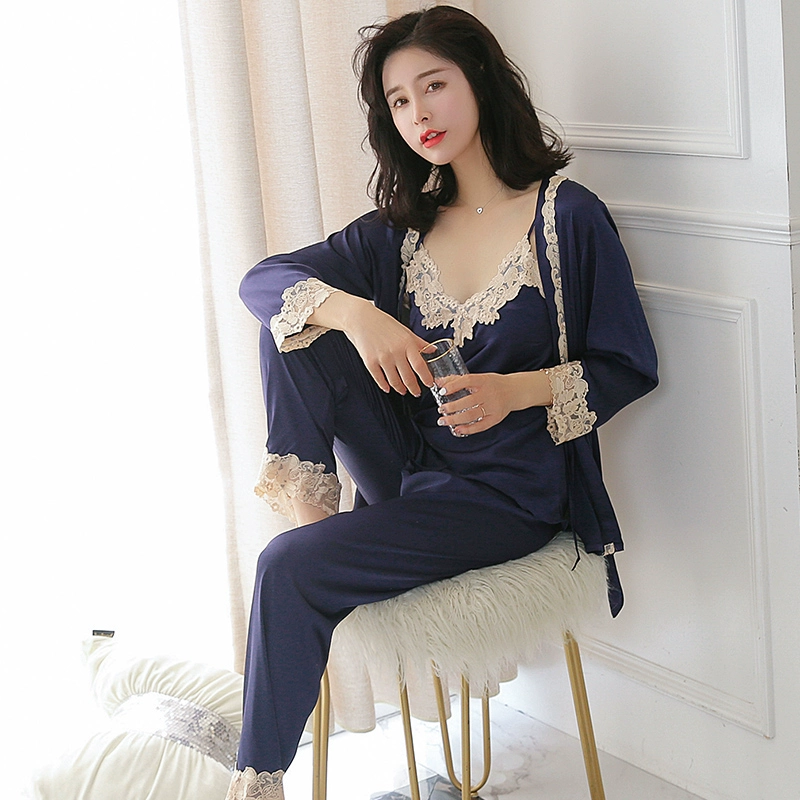 Ice lụa Pyjama nữ mùa hè mỏng phần sexy ba mảnh sling áo ngủ mùa xuân và mùa hè ren lưới tracksuit màu đỏ phù hợp với 