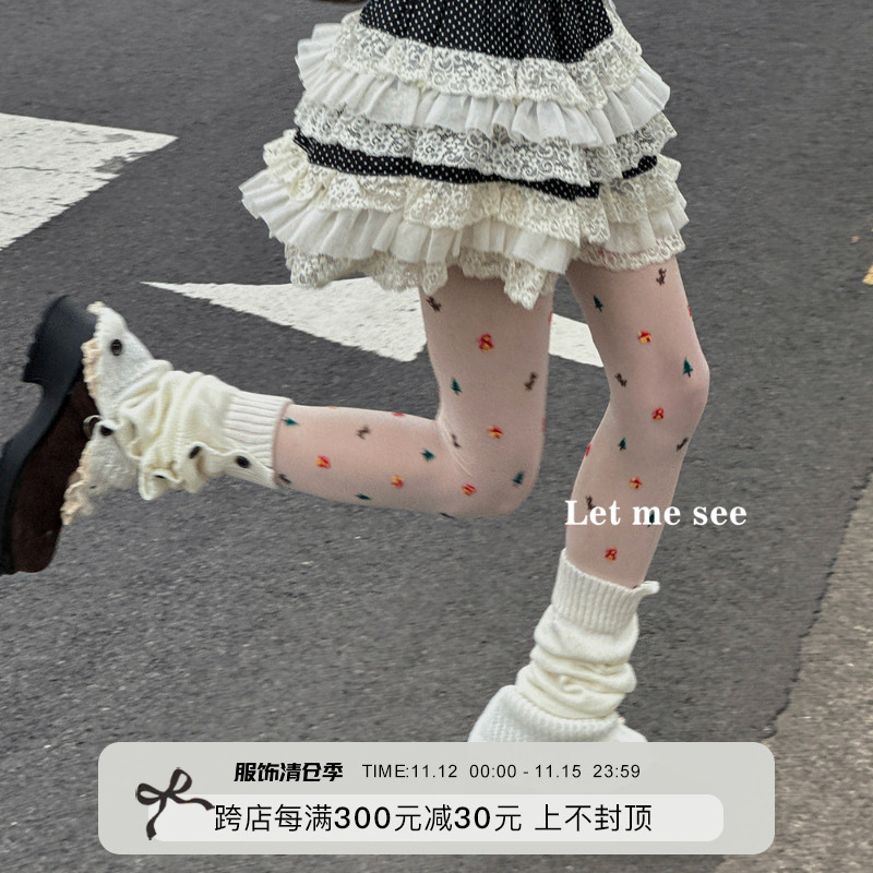 LET ME SEE ニッチなクリスマスツリーハウス要素の女性用パンスト、甘くて薄いシースルーストッキングストッキング