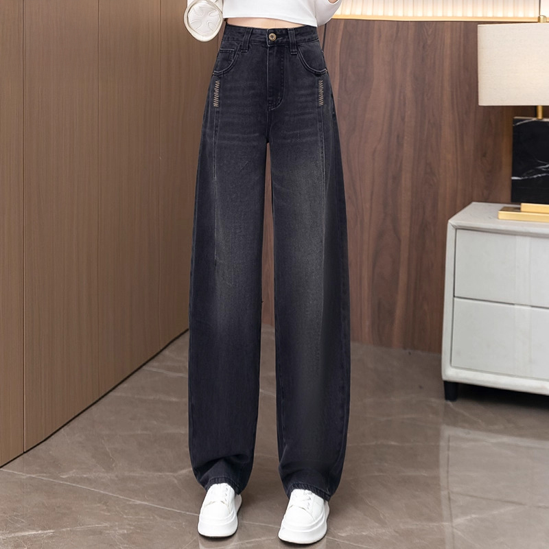 Fashionable Black and Gray Curved Hem Jeans for Women 2026 Spring and Autumn Loose Slimming High-Waisted Fleece-Lined Warm Straight-Leg Pants