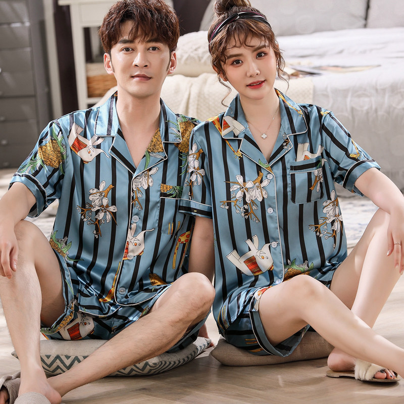 Couple pajamas women's summer ice silk short-sleeved thin men's silk large size cartoon home clothes two-piece suit handsome