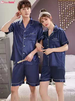 Couples pajamas women's summer thin short sleeve Ice Silk Korean version of men's cute long sleeve home suit set 2 sets of spring and autumn