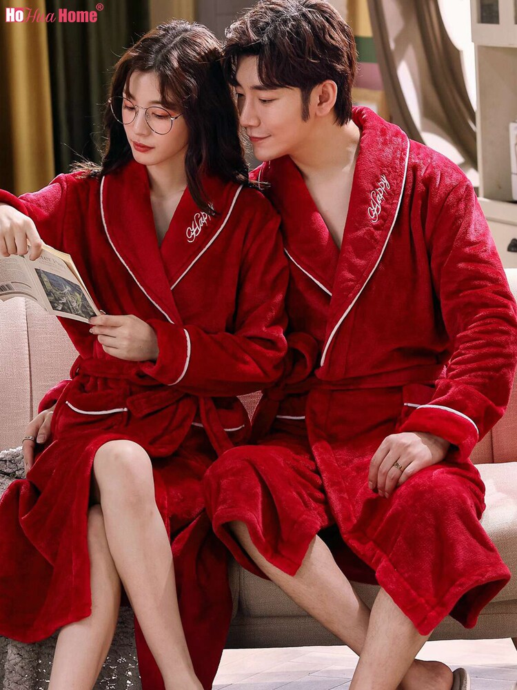 Red wedding nightgown female autumn and winter bride newlywed pajamas Couple suit Morning robe long version bathrobe male coral velvet