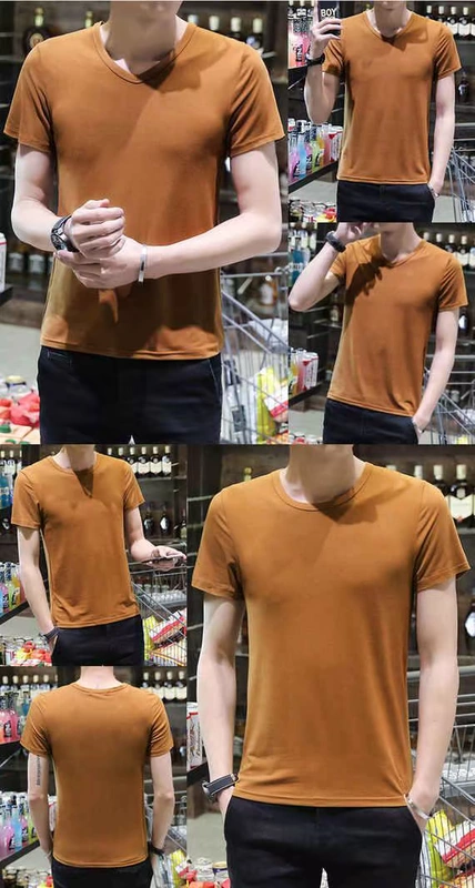 Nhanh tay màu đỏ người đàn ông ngắn tay áo thun nam màu rắn nửa tay mùa hè nam cotton mỏng cổ tròn bó sát áo thun nam thủy triều áo thun nam tay ngắn có cổ