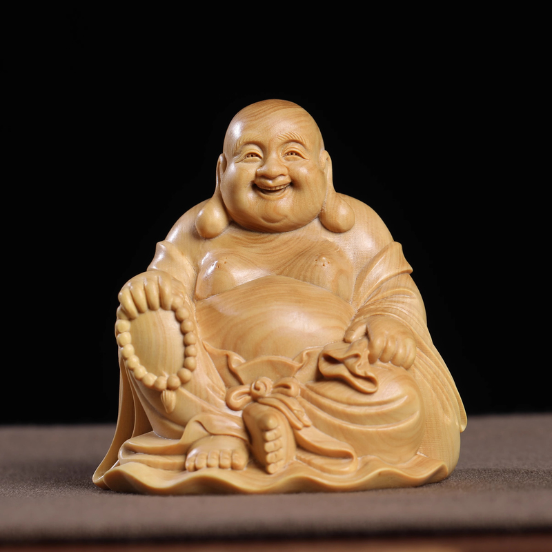 Authentic Small-Leaf Boxwood Carving Maitreya Buddha Statue Ornaments Solid Wood Carving Big Belly Laughing Buddha Sitting Buddha Home Car Ornaments