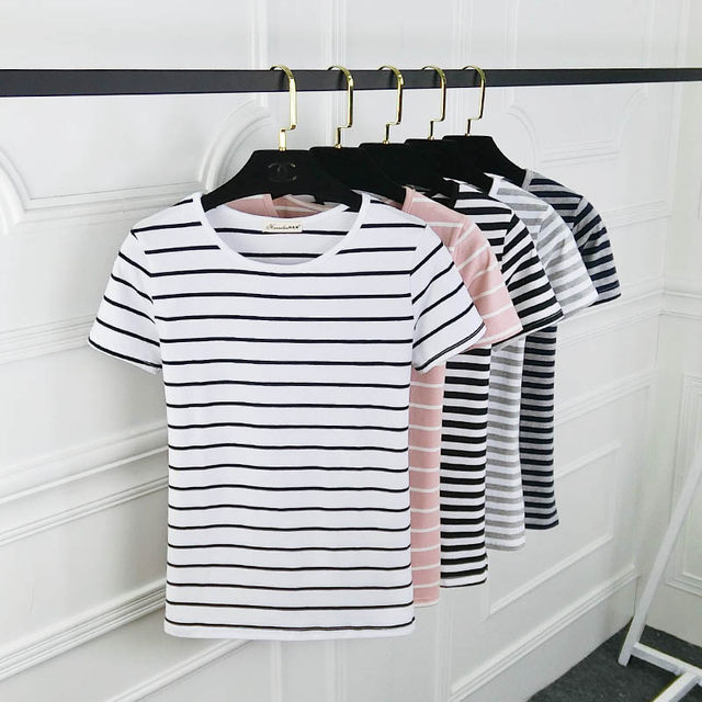 2022 summer women's Korean style round neck striped short-sleeved loose cotton t-shirt women's tops slim large size bottoming shirt