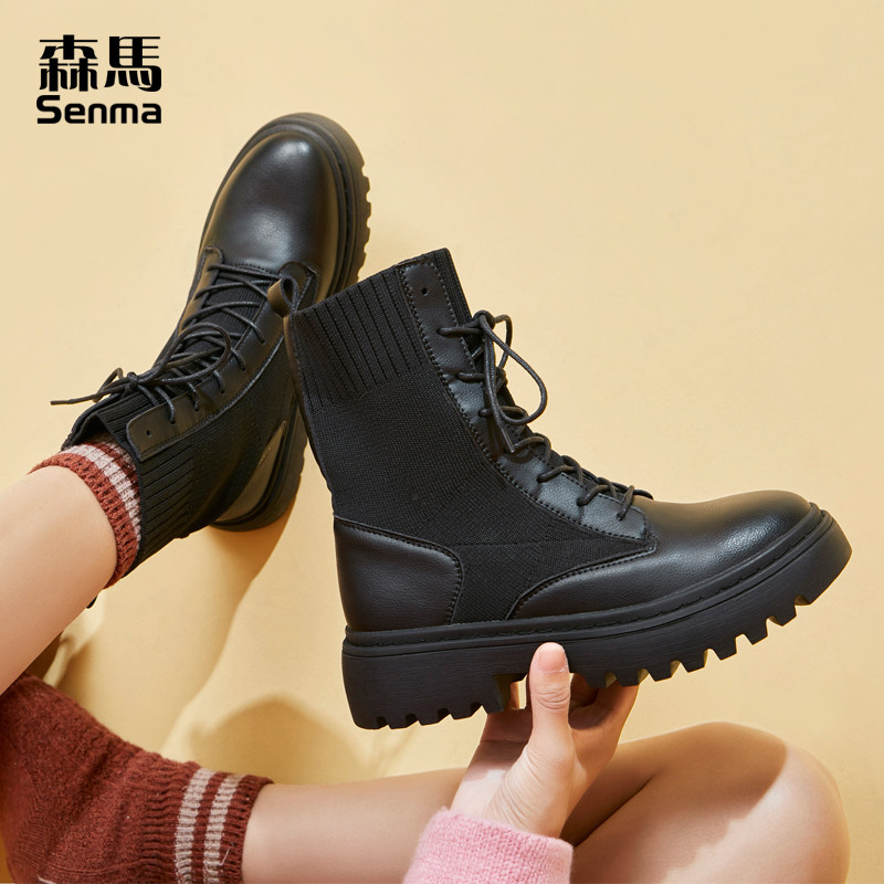 Senma thick bottom Martin boots female spring autumn single boot Inren wind knit boots children fall net red midcylinder riding boots female