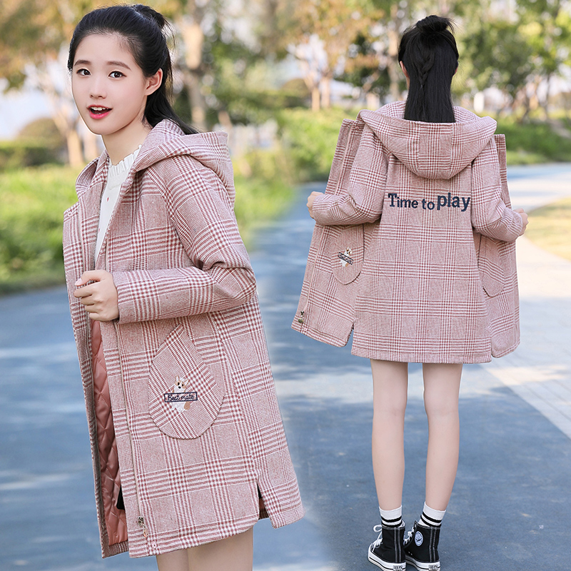 Wool coat Girl medium and long version Korean version Autumn and winter plaid small popular student wool coat