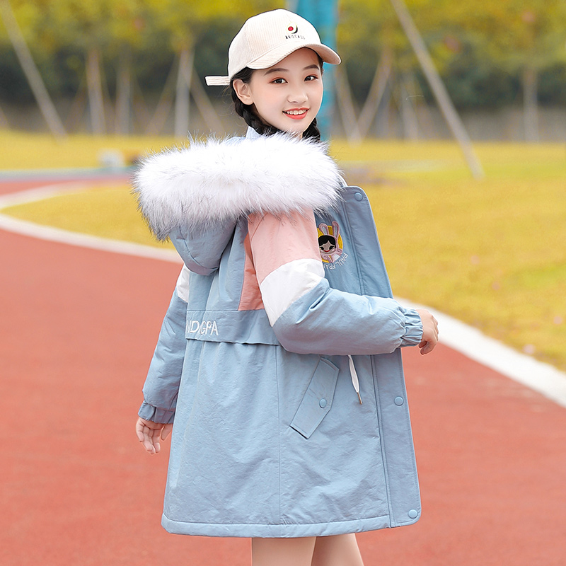 Snow poem love cotton coat girl winter thickened windbreaker big hair collar contrast embroidery middle school student cotton suit waist thin