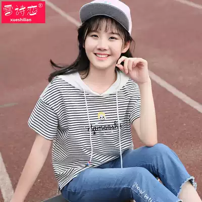 Snow poem Love girl stripe hooded casual T-shirt 2018 summer new Junior High School High School loose student short sleeve top
