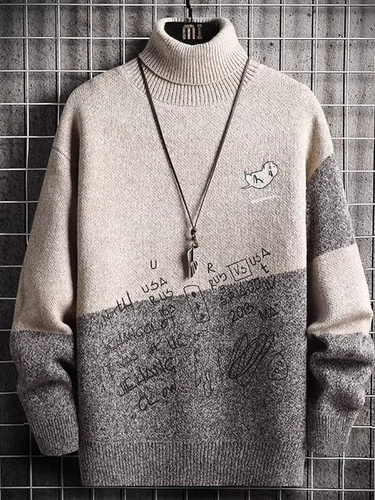 Мужской трикотажный демисезонный утепленный приятный телу свитер, 2025 года, высокий воротник