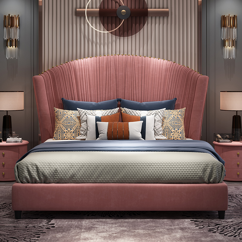 American light luxury bed postmodern fabric simple master bedroom wedding bed net red luxury light luxury model room designer furniture